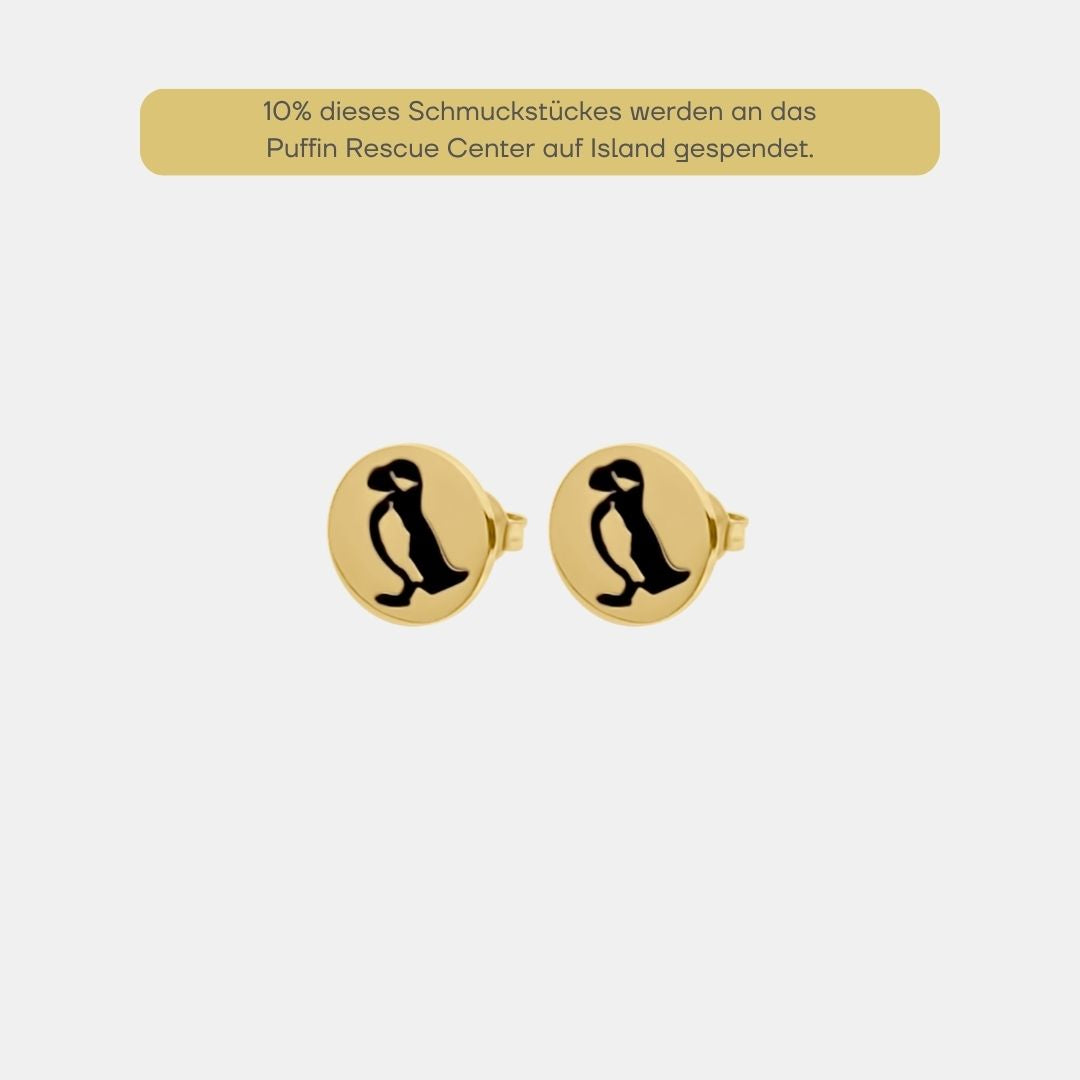 10% der Einnahmen werden an Puffin Rescue Center gespendet, goldene Ohrstecker mit eingestanztem Puffin